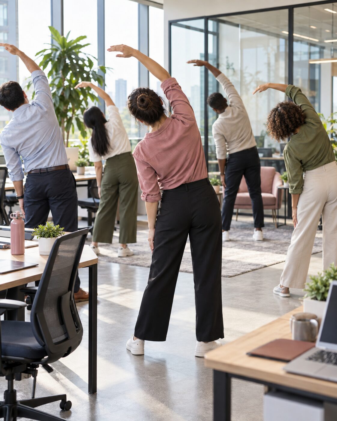 Office colleagues taking part in a workplace stretching and mobility session